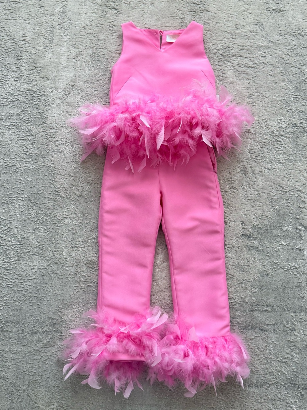 Mama Luma: Girls Pink Feather Trim Jumpsuit